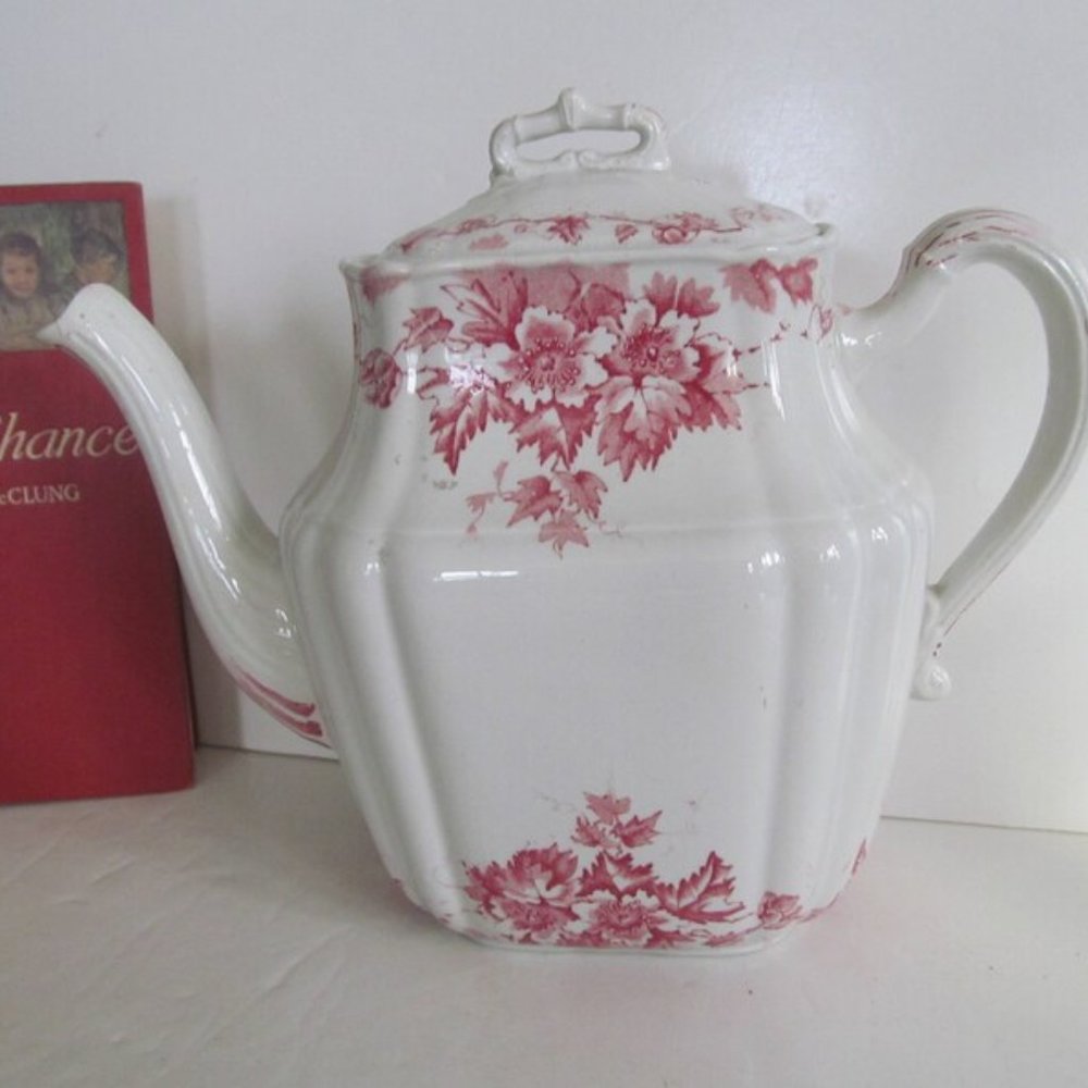 Red Transferware Teapot English Teapot Marion M L Co England Victorian Transferw